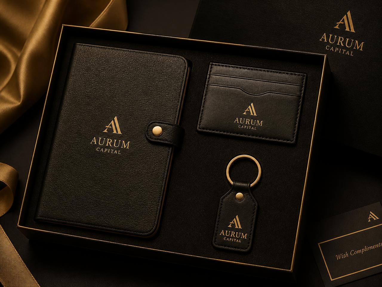 Branded leather corporate gift set with gold foil logo
