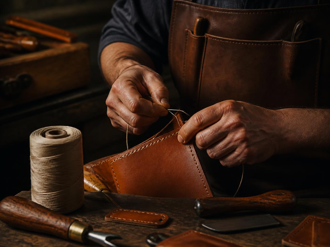 Artisan saddle-stitching a tan leather wallet at a workbench