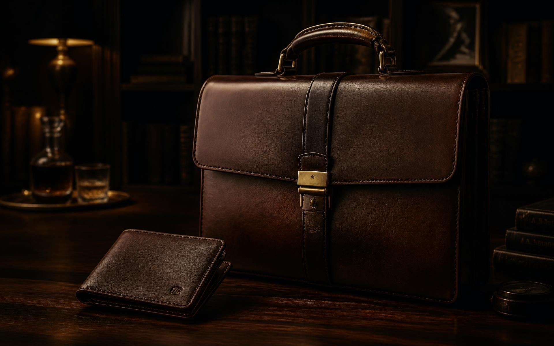 Handcrafted leather briefcase and wallet on a dark walnut desk